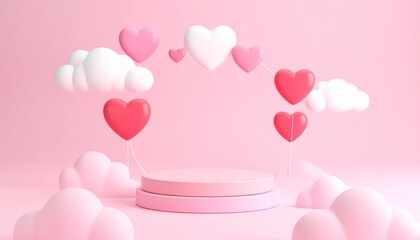 A dreamy pink Valentine s Day scene with heart balloons floating amongst clouds above a pedestal