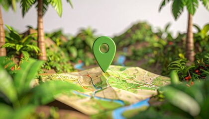 A green location marker sits atop a map nestled within a lush tropical landscape