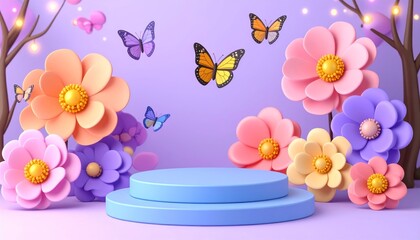 A pastel paradise of flowers and butterflies surrounds a two tiered display stand
