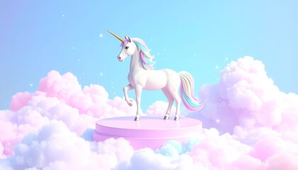 A pastel unicorn stands proudly atop a pink cloud in a dreamy sky