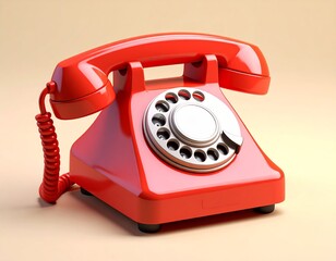 A vibrant red rotary telephone sits on a pale background