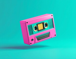 A vibrant pink and teal cassette tape floats against a turquoise background