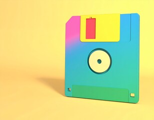 A vibrant retro floppy disk against a pastel yellow background
