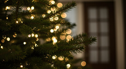 Close up of a christmas tree with glowing lights and a blurred door in the background indoors