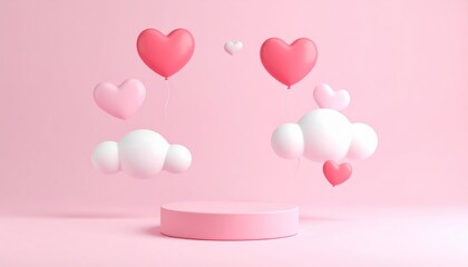Heart shaped balloons and fluffy clouds float above a pink pedestal