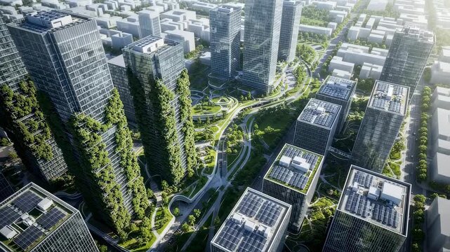 Innovative urban planning with vertical forests solar panels and pedestrianfriendly green corridors seen from aerial.
