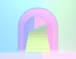 Pastel colored arches frame a staircase leading to an unseen destination