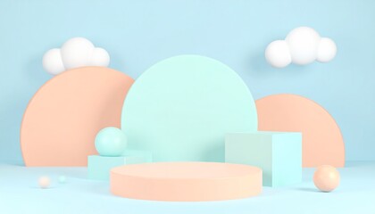 Pastel colored geometric shapes and clouds create a dreamy whimsical scene