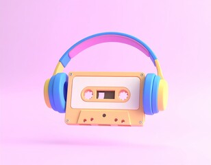 Pastel colored headphones rest on a cassette tape ready to play some nostalgic tunes