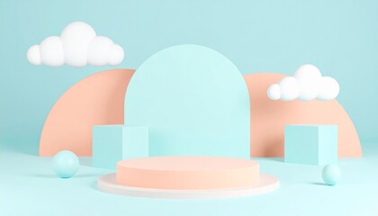 Pastel colored platforms and spheres float beneath fluffy clouds