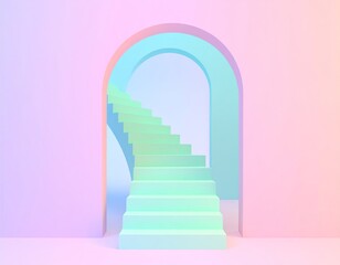 Pastel colored steps ascend through an arched doorway to an unknown destination