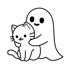 A sketch illustration of a cat being hugged by a ghost from behind, an icon, sticker or logo design would be perfect.