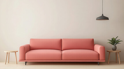 Modern living room with pink sofa, wooden tables, pendant lamp, and plant, minimal style
