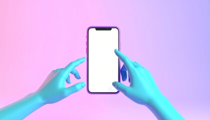 Two hands interact with a blank smartphone screen against a vibrant gradient background