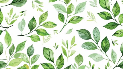 Seamless pattern of watercolor green leaves on white