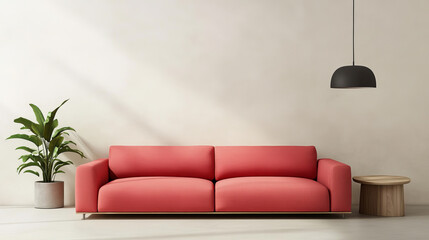 Modern living room with red sofa, wooden table, green plant, and black pendant lamp