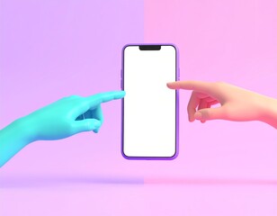 Two hands reach towards a blank phone screen