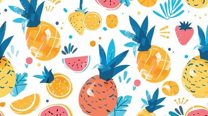 Colorful fruit pattern with pineapples and oranges