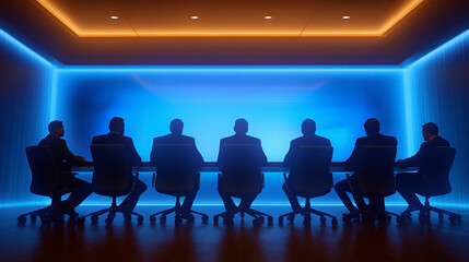 Business meeting, silhouette, conference room, modern, blue light, teamwork, professional