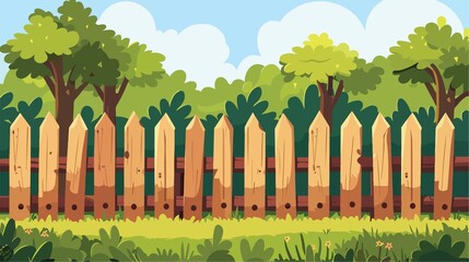A cartoon wooden fence with trees and cloudy sky