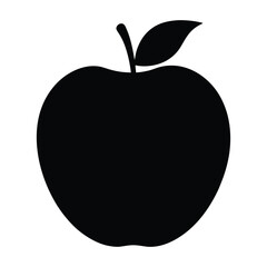 Black silhouette of an apple with a stem and leaf on white background fruit