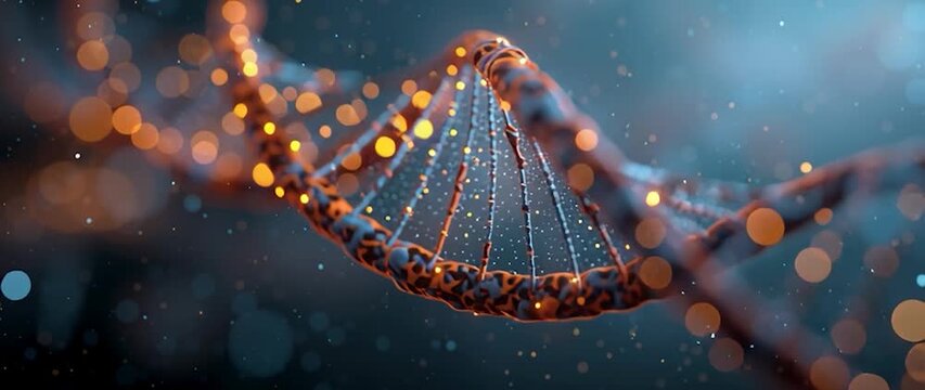 Anamorphic video visually captivating and stylized depiction of a DNA double helix. Ideal for projects related to biotechnology, medical research, genetic engineering