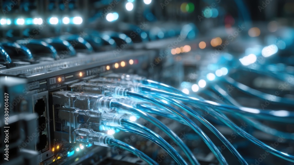 Aufkleber a closeup of an industrial network hub integrating postquantum security with fiber optic cables bran