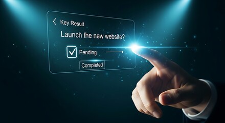 Binary Key Result concept. A simple interface shows a goal like "Launch new website?" where a finger is about to check a box, changing it to "Completed."