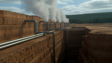 Geothermal energy pipes steam through deep earth layers, industrial landscape, environmental