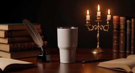 Insulated tumbler mockup in a dark academia setting with vintage books and candlelight.