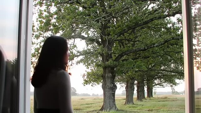 A young woman stands by a window, gazing at a field of trees
