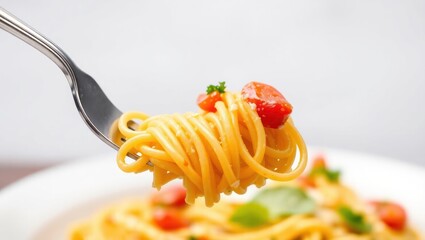 Photorealistic image of a fork holding a perfect bite of spaghetti