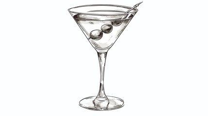 A martini glass with olives on a white background