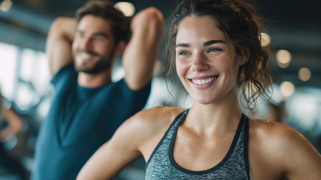 Personal trainer in modern gym, smiling and encouraging client while demonstrating stretching exercises, energetic and supportive atmosphere, - Powered by Adobe
