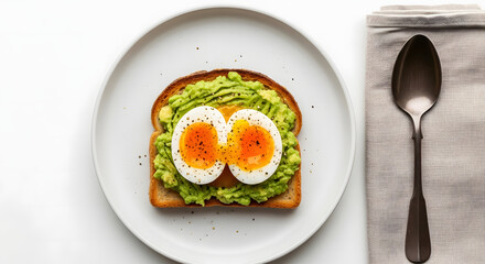 Healthy avocado toast with a soft-boiled egg on a white plate, top view.