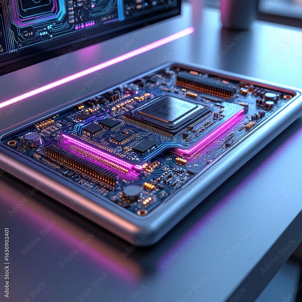 Aufkleber futuristic processor technology on the printed circuit board - neon colors. digital illustration. co
