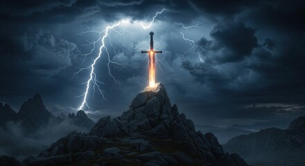 Sword illuminated by lightning on a mountain peak at night  
