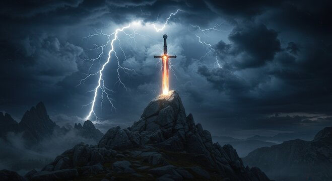 Sword illuminated by lightning on a mountain peak at night  