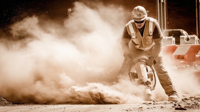 Construction worker operating a jackhammer in a dusty environment