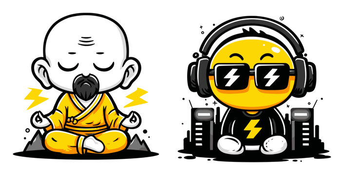 Cartoon Characters Meditating and Listening to Music in Vibrant Style
