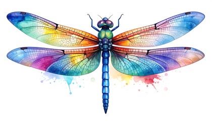 Colorful dragonfly illustration with watercolor splashes