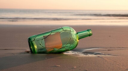 Weathered bottle with hidden message on seashore, sunrise casting warm glow