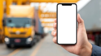 A business consultant analyzing transportation logistics data while holding a blank screen phone, clear background.