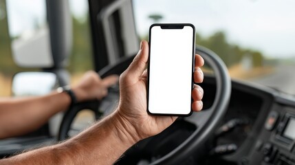 A professional working in the transportation sector, reviewing logistics data on a blank screen phone, clear background.
