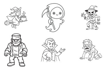 Cute Halloween Characters Vector Set, Witch, Grim Reaper, Scarecrow, Frankenstein, Vampire, Zombie