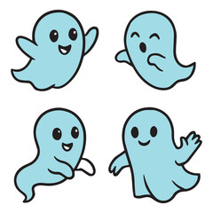 Cute Blue Ghost Cartoon Characters – Funny Halloween Spirit Clipart Pack