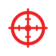 Fototapeta premium A red line art icon of a crosshair with a central dot and grid lines, representing a precision scope with measurement capabilities.