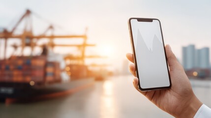 Corporate analyst inspecting shipping statistics on smartphone logistic charts clear background business look.