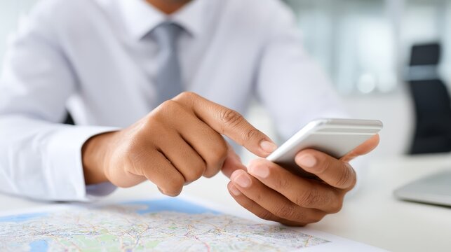 Corporate strategist reviewing transport optimization on smartphone clean interface blank background.
