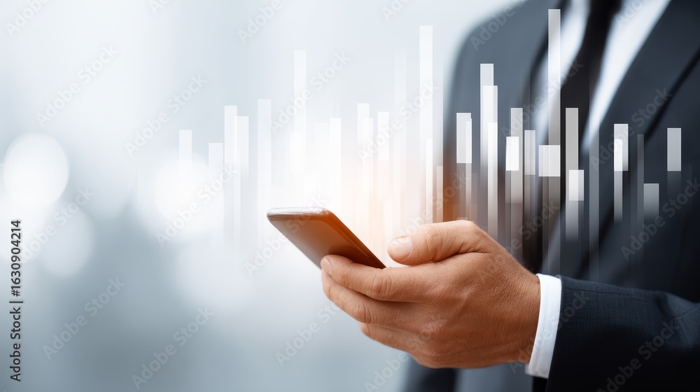 Poster focused business person in suit checking logistic transport figures on mobile data analytics screens